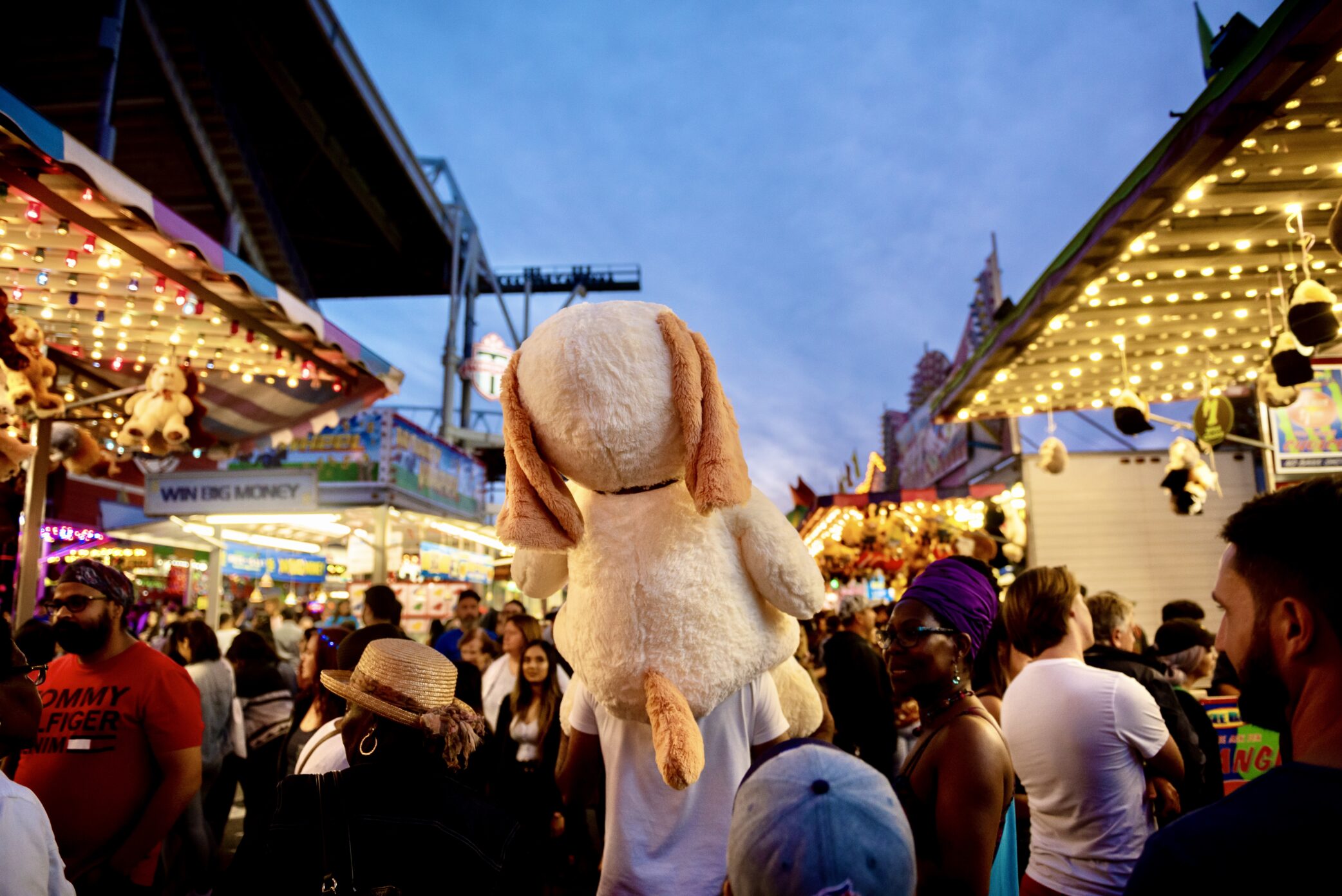 Image of a crowded CNE Midway at dusk. Guest holding a large stuffed prize on their shoulders walking through the crowd.