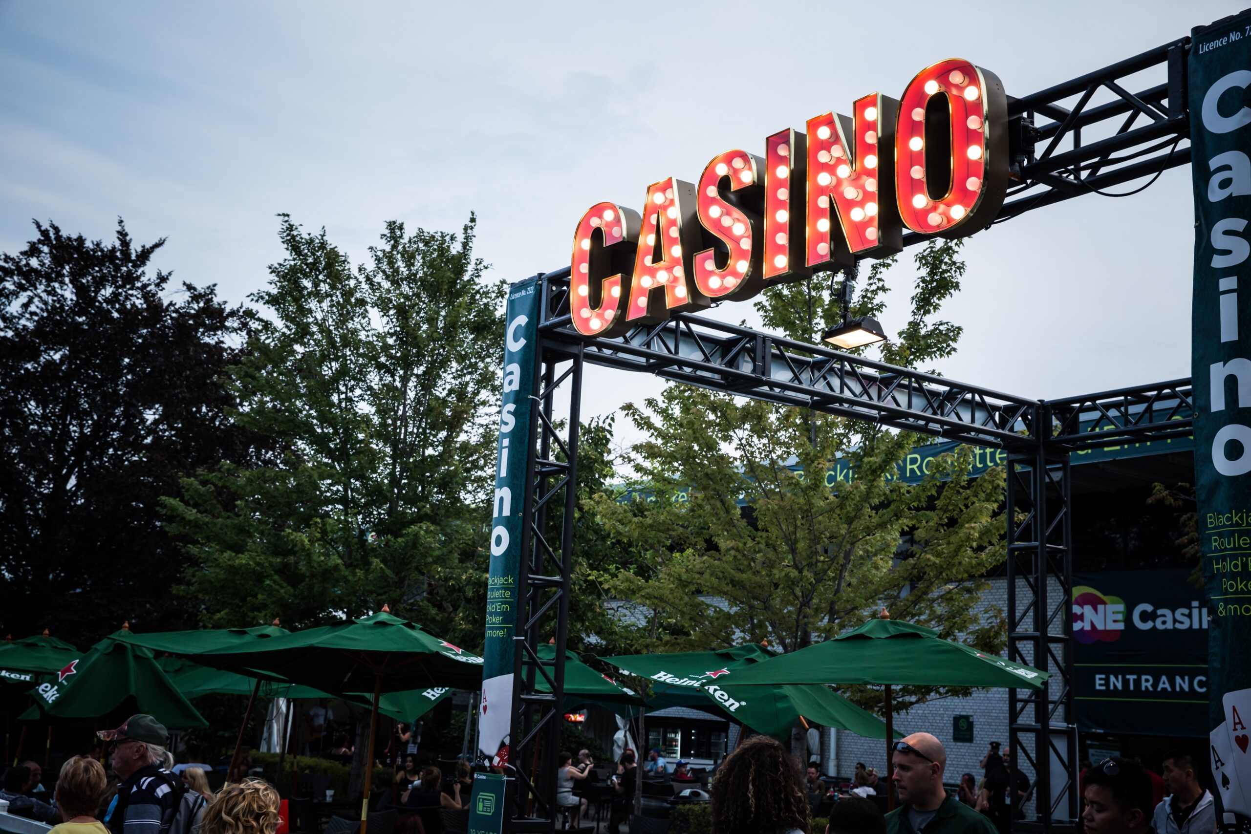 Image of the Casino outdoor entrance at dusk.