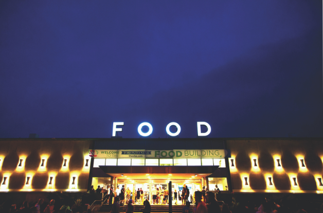 Photo of the outside of the Food Building at night