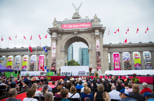 Photo of a stage set up in front of the Princes' Gates for the CNE Opening Ceremonies
