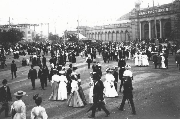 Black and white photo of CNE guests on the fairgrounds