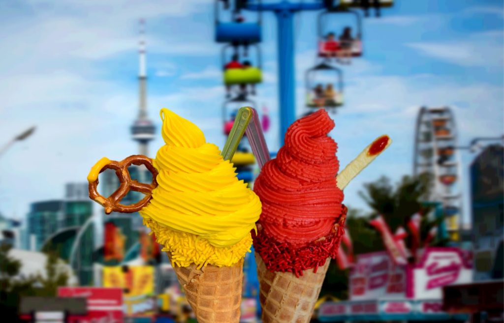 Image of Mustard and Ketchup ice cream with a CNE Midway background.